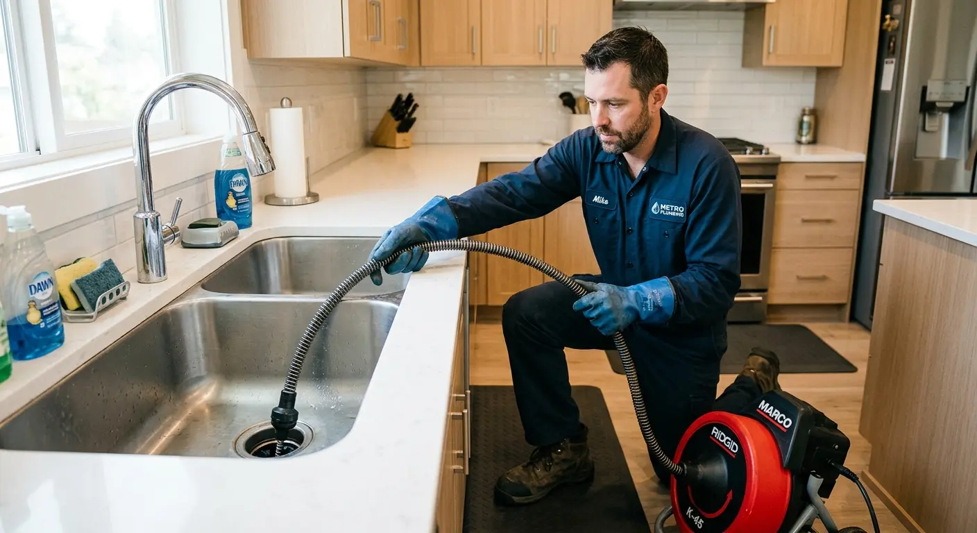 Drain cleaning technician using a motorized snake on a kitchen sink in New London
