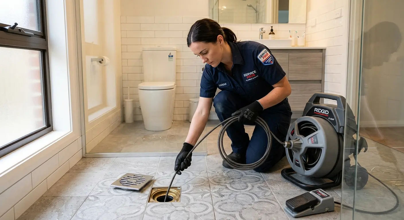 Technician clearing a bathroom floor drain for Sewer Line Replacement in New London